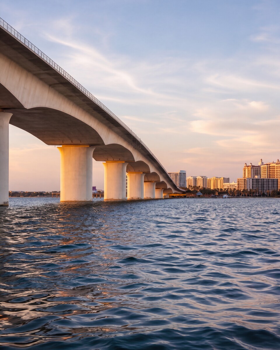 The John Ringling Causeway Bridge sweeping across Sarasota Bay at golden hour, its piers lit warm against the downtown skyline.